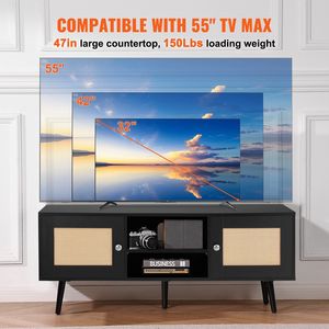 Boho 55 pollici TV Stand metà secolo moderno Rattan mobile TV con ripiano regolabile per soggiorno sala multimediale-nero - Product Image 3