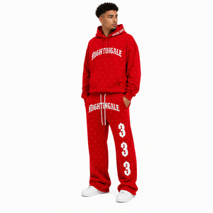 Heavy Weight Cotton Fleece <b>Drop</b> Shoulder Oversize Baggy Hoodie and Sweatpants Tracksuit for Men Rhinestone Gothic Hoodie Jogger - Product Image 1