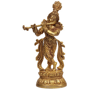 Statue en laiton de Lord Krishna de 9 pouces faite à la main oeuvre de sculpture artisanale indienne authentique de qualité - Product Image 1