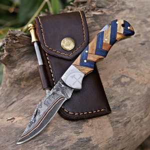 Hot Selling OEM Supported Copper Damascus Steel Folding Pocket Utility Knife 6.5" Back Lock Pakka Wood Handle DIY Industrial - Product Image 1