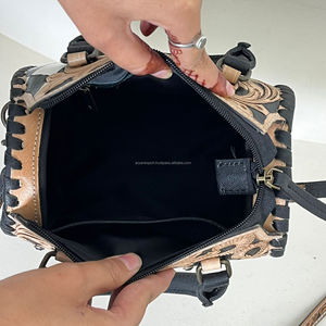 Luxury Western Floral Tooled Leather <b>Mini</b> Sppedy <b>Bag</b> with <b>Black</b> & White Checkered Cowhide Leather Duffle <b>Bag</b> for Travel & Daily - Product Image 6