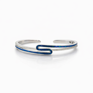 925 Sterling <b>Silver</b> Blue Enamel Paperclip Design Bangle Rhodium Finish Modern Minimalist Lightweight Women's Gift - Product Image 1