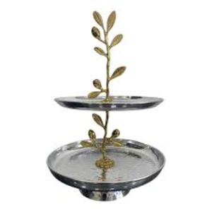 Soporte para Pastel de 2 Niveles de Acero Inoxidable y Latón con Acabado Martillado y Hoja Decorativa para Eventos y Fiestas, Diseño Maravilloso, Gran Venta - Product Image 3