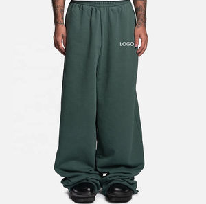 Wide Leg Fleece Pants Green Elastic Waist Loose Fit Casual Autumn Solid Color Right Leg Logo Full Length Knitted - Product Image 1