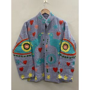Chaqueta de Invierno de Algodón con Bordado Floral para Mujer, Cuello Mandarín, Manga Larga, Frente Abierto, Diseño Hecho a Mano - Product Image 1