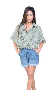 Blusa Holgada con Estampado Floral para Mujer, Cuello Camisero, Manga Corta, 100% Algodón Tejido, Camisa para Primavera, Otoño y Verano - Product Image 3