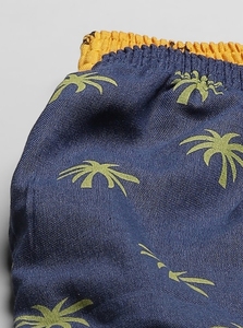 Women's Navy Blue Printed Palm Tree Shorts <b>Elastic</b> Waist Knitted Cotton Casual Regular Fit Breathable - Product Image 3
