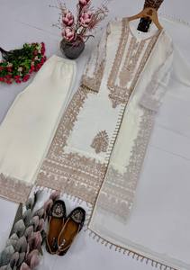 <b>White</b> Embroidered Floral Modern Salwar <b>Suit</b> with Dupatta Traditional Indian Pakistani <b>Wedding</b> Wear Regular Length <b>Women's</b> Dress - Product Image 6