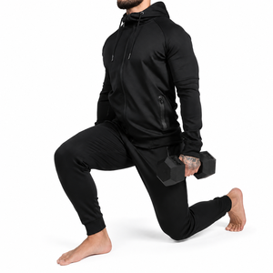 Men's Black Full <b>Zip</b> <b>Hooded</b> Tracksuit Solid Color Casual Jogger Set With Side Pockets Breathable Polyester Sportswear - Product Image 3