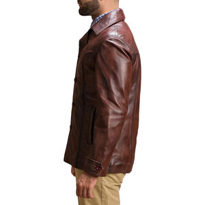 Chaqueta de cuero clásica para hombre, color marrón oscuro, con cuello de camisa, cierre de botones, estilo vintage, corte ajustado, ropa exterior premium, impermeable. - Product Image 5
