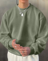 Men's Olive Green Crew Neck Pullover Sweatshirt Oversized Fit Solid Color Casual Fleece Fabric Breathable Front Logo Winter Wear