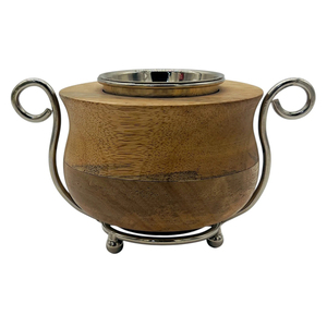 Elegant Wooden Bowl Incense Burner Featuring Curved <b>Silver</b> <b>Wire</b> Side Handles With A Matching Footed Base Metal Dish Insert - Product Image 2