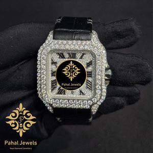 นาฬิกาข้อมือ Pahal Jewels ระบบอัตโนมัติ ประดับเพชร หน้าปัดทรงสี่เหลี่ยม สายหนังสีดำ กระจกแซฟไฟร์ แสดงวันที่ - Product Image 1