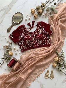 Sari de Chiffon Cutdana con Lentejuelas para Fiesta, Estilo Clásico y Lujoso, Bordado, con Blusa de Diseño Premium con Patrón Leheriya en el Cuello - Product Image 3