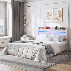 Letto Matrimoniale con Luci LED, Testiera Imbottita in Velluto con Ricarica USB e 4 Cassetti, Letto Imbottito con Piattaforma e Illuminazione LED - Product Image 1