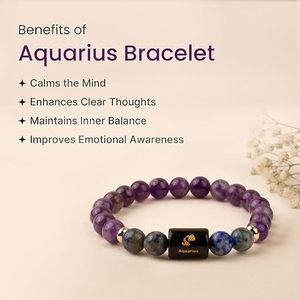 Bracelet en cristal premium du zodiaque Aquarius avec perles d'améthyste, étiquette en cuivre gravée d'un symbole sanskrit - Cadeau souvenir - Product Image 4