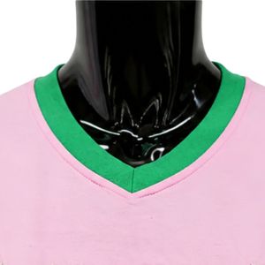 Camiseta de cuello en V con rayas rosas y verdes para mujer, manga corta, informal, a la moda, con diseño de letras, top, ropa de calle para mujer, venta al por mayor - Product Image 5