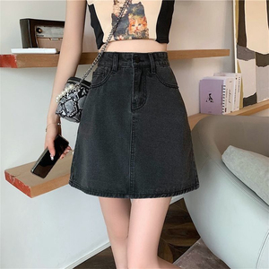 Falda Corta Estilo Coreano de Invierno, Vintage, Casual, Cintura Alta, Negra, Gris, Denim, Corte Regular, 100% Algodón Lavado, Moderna, 3D - Product Image 3