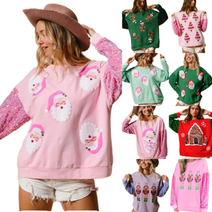 Sudadera Casual de Punto con Forro para Mujer, Cuello Redondo, Otoño Invierno 2023, con Parche Bordado de Leopardo y Papá Noel, Lentejuelas en la Parte Delantera - Product Image 4