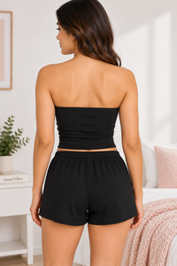 Ensemble short 2 pièces côtelé rose pour femme, débardeur tube sans manches avec détails boutonnés, tenue décontractée printemps-été - Product Image 2