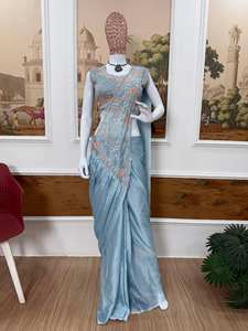 Sari en soie Rangoli bleu ciel élégant prêt à porter avec broderie et travail de perles semi-émaillées |   Chemise de créateur entièrement cousue - Product Image 2