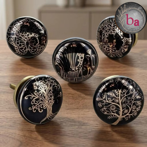 Ba <b>Ceramic</b> Cabinet <b>Knobs</b> Round Black with Gold Floral Tree Design Industrial Furniture Handles Adjustable Durable Kitchen Hotel - Product Image 1
