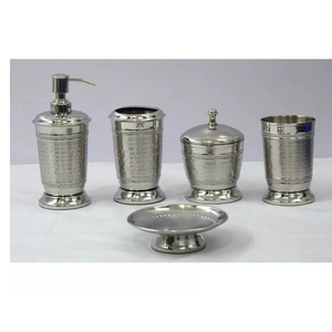 Classic Stainless Steel Bathroom Set Five-Piece Round <b>Soap</b> Dispenser Tumbler Toothbrush <b>Holder</b> Tissue Box Cover Tray Durable - Product Image 5