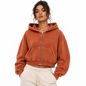 VOCKSIN Women's Winter Oversized Cropped Zipper Hoodie Acid Wash Heavyweight Cotton Lined Front Logo Streetwear Fashion <b>Jacket</b> - Product Image 1
