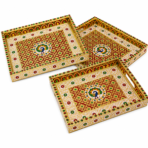 Ensemble de 3 plateaux en bois faits à la main avec décor Meenakari |   Plateaux de service décoratifs en forme de paon |   Artisanat indien - Product Image 4