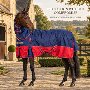 Couverture de pluie pour cheval 1200D XL-Gusset avec col détachable, imperméable, pour l'extérieur |   Équipement d'équitation respirant en ripstop bleu marine et rouge - Product Image 3