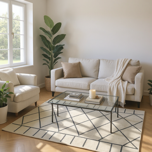 Handwoven Cotton Flatweave Dhurrie Area <b>Rug</b> Beige & <b>Dark</b> <b>Grey</b> Diamond Lattice Grid Low Pile 208x143 cm (4.7x6.8 Ft) - Product Image 2