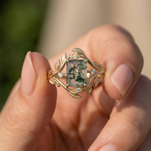 Anillo de Ágata Musgo Esmeralda con Halo Oculto DEF VVS, Joyería Nupcial de Lujo Inspirada en Hojas, Regalo de Compromiso, Éxito de Ventas 2026 - Product Image 3