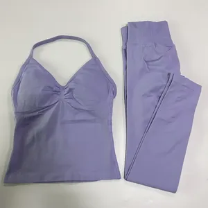 Custom Women's Yoga Suit <b>Set</b> Halter Neck Turtleneck Full Length Sport Leggings High Elasticity Quick Dry Breathable 2 Piece Yoga - Product Image 4