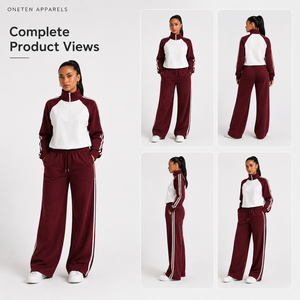 Ensemble de survêtement pour femme ONETEN APPARELS, couleur marron et blanc, blocs de couleur, manches longues, demi-zip, coupe ample, pantalon de jogging avec poches latérales - Product Image 4