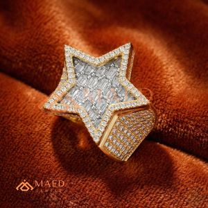 Bague étoile Iced Out pour homme, plaqué or 18 carats, diamant Moissanite VVS, style Hip Hop, coupe baguette, étoile à cinq branches, bague statement - Product Image 2