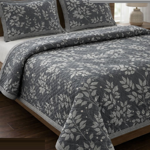 Dark Grey Leafy Quilted Bedspread Set | 3 Pc Premium Soft <b>Comforter</b> AC Quilt Double <b>Bed</b> Cover with Pillow Cases Stylish Bedding - Product Image 1