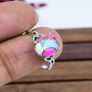 Anillo Bohemio Artesanal de Plata de Ley 925 con Bisel Turquesa Algodón de Azúcar, Gema Natural Rosa y Azul, Joyería de Lujo, Regalo para - Product Image 4