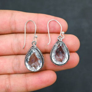 Boucles d'oreilles personnalisées en argent sterling 925 avec topaze blanche créée en laboratoire, 1,9 pouce, bijoux en pierres précieuses faits à la main, boucles d'oreilles fines antiques, cadeau pour femme - Product Image 2