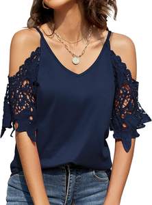 Womens Blouse Cotton Summer <b>Heart</b> Print Off Shoulder Lace Trim Floral Applique Breathable Long Casual <b>Sweet</b> Top - Product Image 4