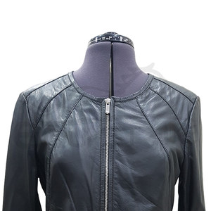 Leather Lambskin <b>Jacket</b> Solid Black Womens Collarless Moto <b>Jacket</b> <b>with</b> Front <b>Zipper</b> Side <b>Pockets</b> Custom OEM Winter Wear - Product Image 3