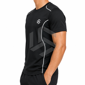T-shirt formel à manches courtes noir pour homme avec rayures blanches, séchage rapide, coupe ample, col rond, en polyester tricoté - Product Image 2
