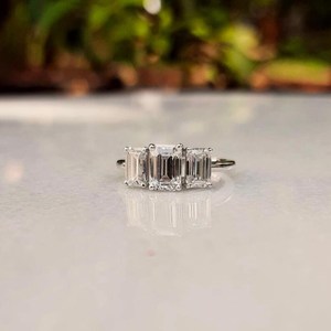 Three Stone Moissanite <b>Emerald</b> Cut Diamond <b>Ring</b> For Women's Original 925 <b>Silver</b> Fine for Anniversary Birthdays Gift For Partner - Product Image 1