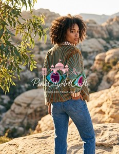 Handcrafted Velvet Breathable Eco-Friendly Winter <b>Quilted</b> Jacket Evil Eye Chain Stitch Embroidery Bohemian Artisanal Shrug <b>for</b> - Product Image 2