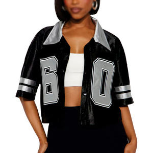 T-shirt court en satin pour femme, style maillot de football, streetwear, boutonné sur le devant, manches courtes rayées, en polyester, noir, séchage rapide - Product Image 1