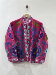 Wholesale <b>Women</b> Pink <b>Velvet</b> <b>Jacket</b> Hand Embroidered Vintage Ethnic Boho Open Front Coat Short Casual Winter Outerwear - Product Image 3