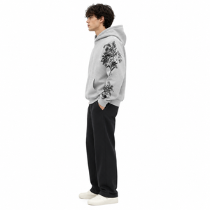 Sweat à capuche oversize gris à manches florales pour homme, en polaire OEM, style streetwear, vente en gros personnalisée B2B pour le marché américain - Product Image 3
