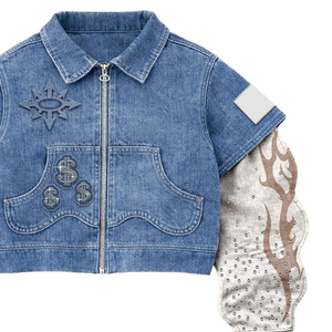 Chaqueta vaquera personalizada con cremallera, mangas con efecto llama, estilo urbano, informal, corta, estilo Y2K, para mujer y unisex. - Product Image 4