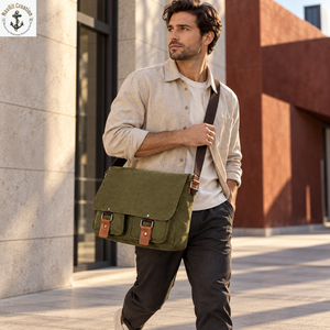 Retro Canvas Messenger <b>Crossbody</b> <b>Bag</b> for <b>Men</b> | Olive Green Shoulder Satchel with Layered Front Pockets Wide Adjustable Strap <b>Bag</b> - Product Image 3