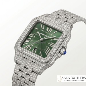 Reloj de Diamantes para Mujer Cartier Santos-Dumont, Esfera Verde, Caja Rectangular de Acero Inoxidable de 30 mm, Cierre Desplegable de Cuarzo Analógico - Product Image 4