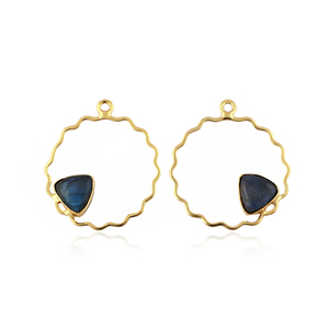 Natural Blue Labradorite Trillion Gems Connector Scalloped 18k Gold Plated Circular Brass Frame Single Bail Jewelry Components - Product Image 1